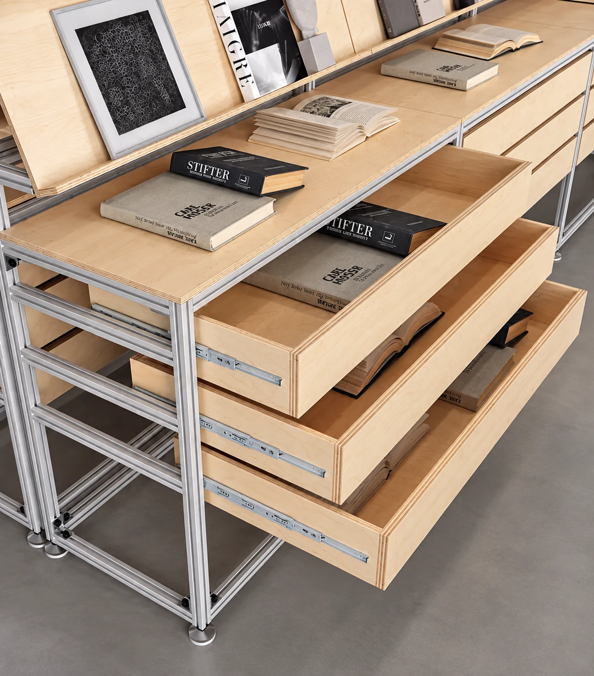 Detail of ANBAK birch plywood drawers and aluminum frame